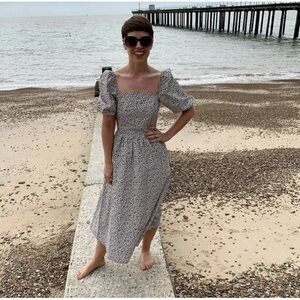 H&M Ditzy Floral Puff Sleeve Smocked Back Cotton Midi Dress